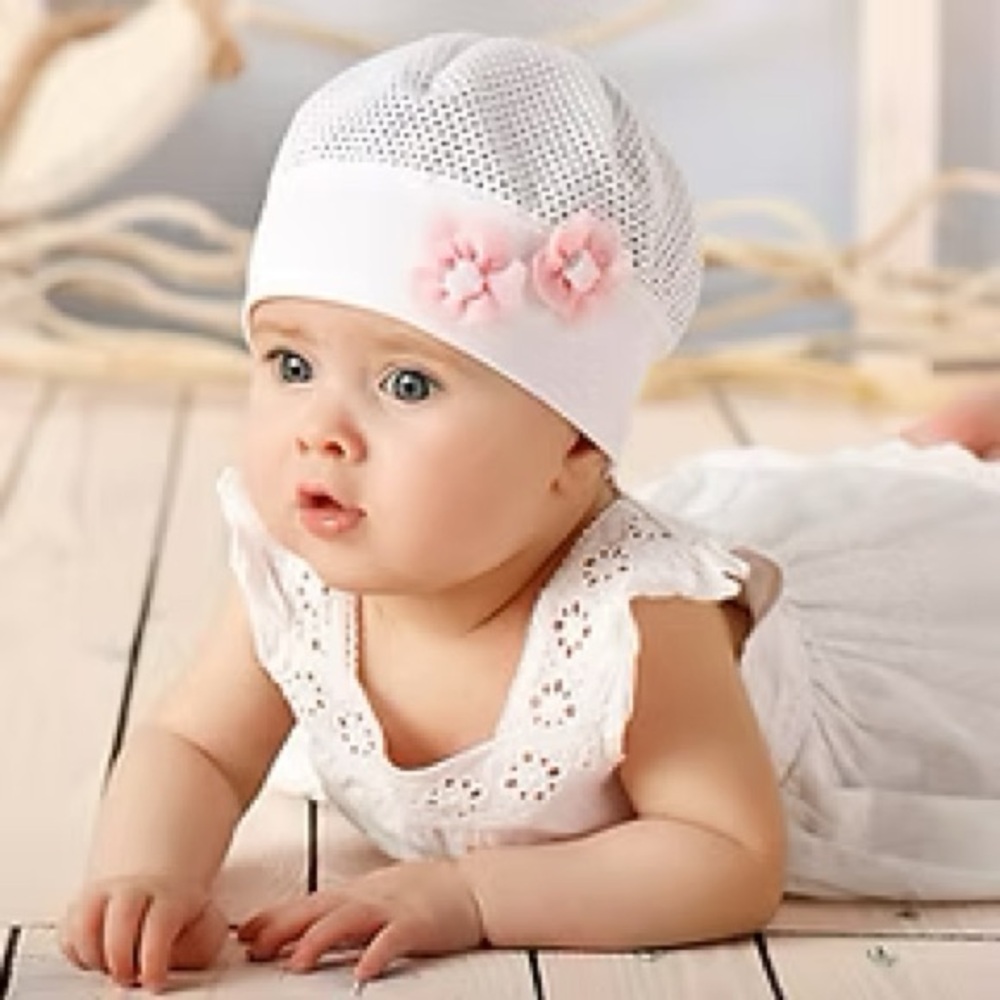Baby Mesh Beanie Hat with Pink Flower Accents - Kids Accessories